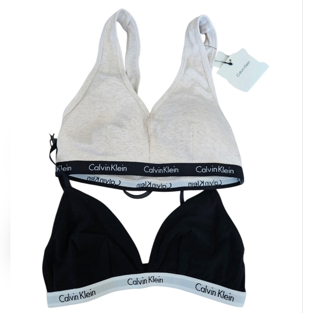 Calvin Klein Logo Black and Cream Casual Bra Bundle Lot Of 2 NEW Womens Small